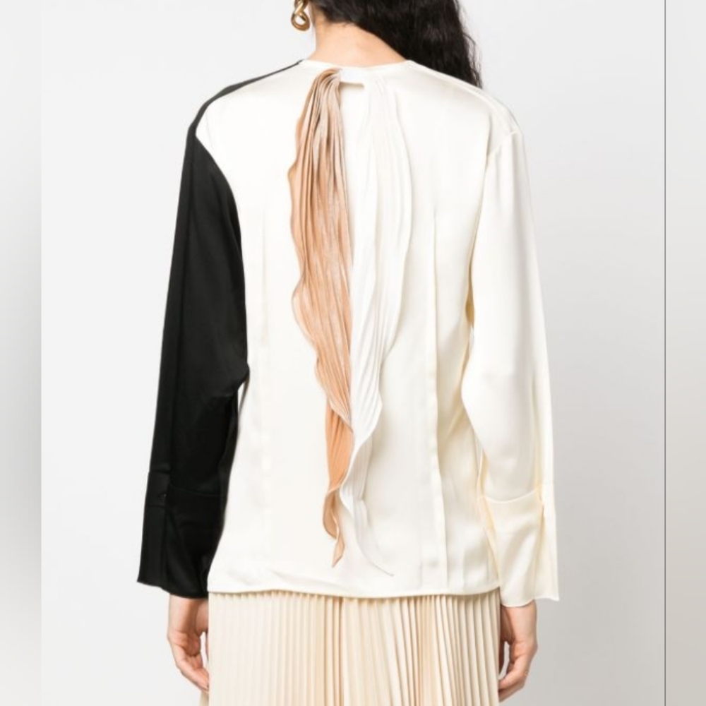 Victoria Beckham Black White Color Block Ripple Scarf Blouse 44 8
